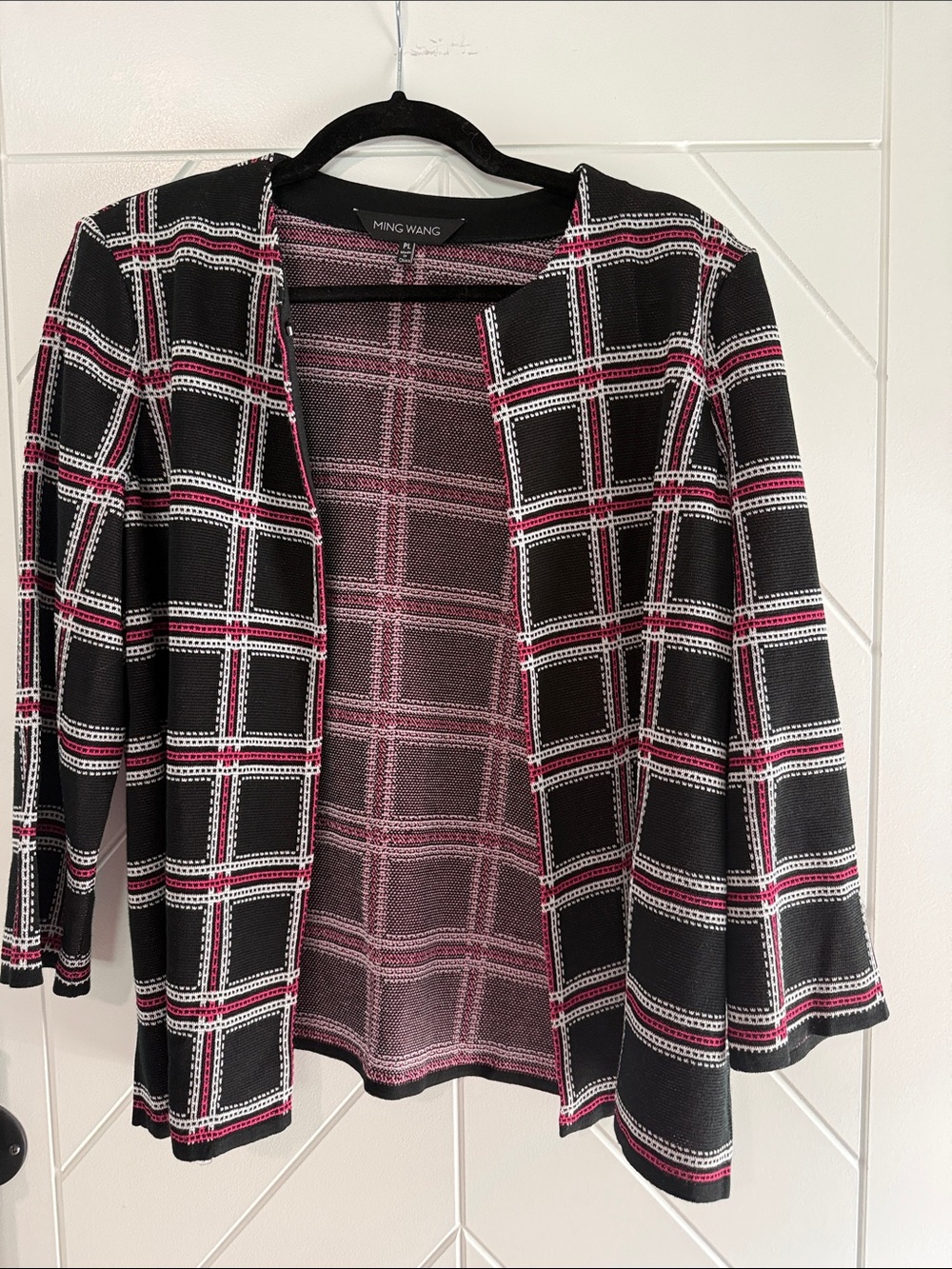 Ming Wang Plaid Knit Jacket Blazer Black Fuchsia Pink White Size PL